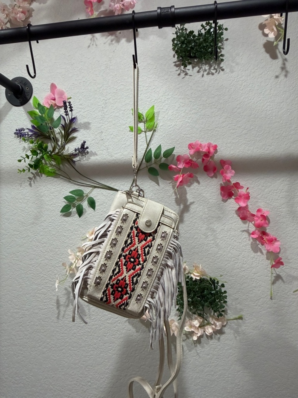 Boho Fringe Crossbody Bag in Light Gray with Red Aztec Panel - Picture 2 of 5